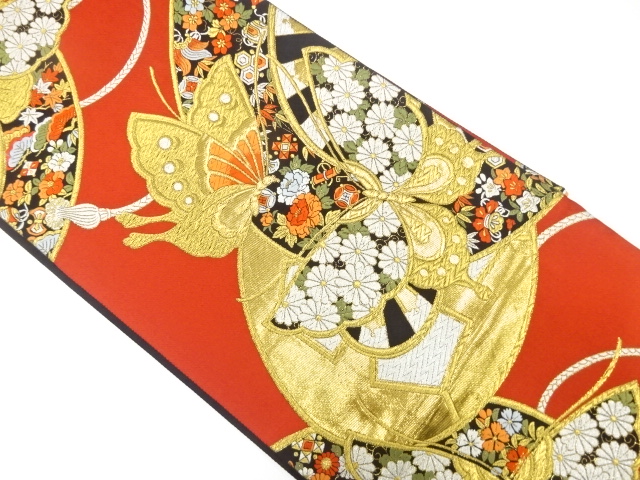 JAPANESE KIMONO / FUKURO OBI FOR FURISODE / SILK / WOVEN GENJIGURUMA & BUTTERFY & TREASURES